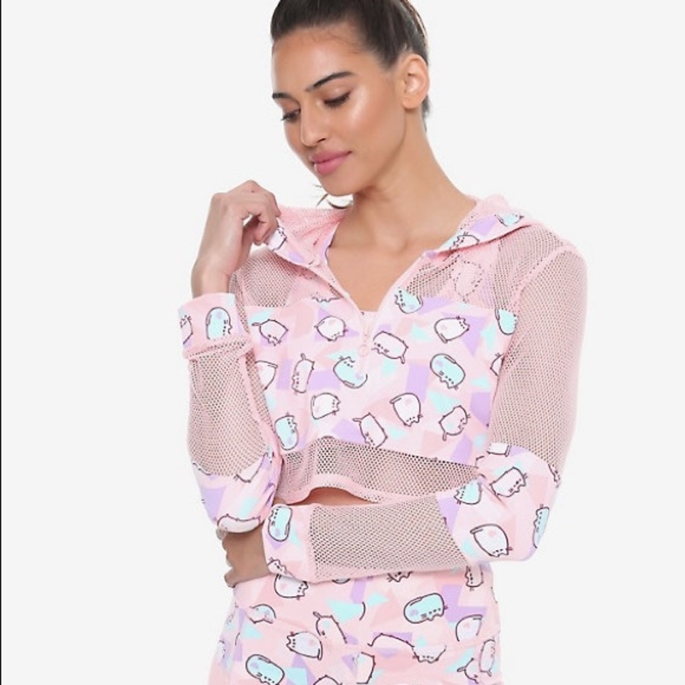 Pusheen Cat fishnet cropped hoodie pastel goth S